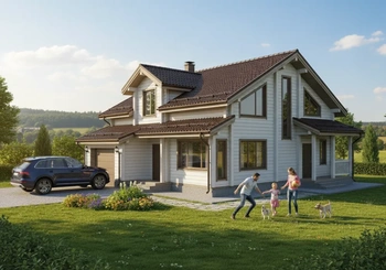 Проект каркасного коттеджа 137 м² с мансардой и террасой из бруса